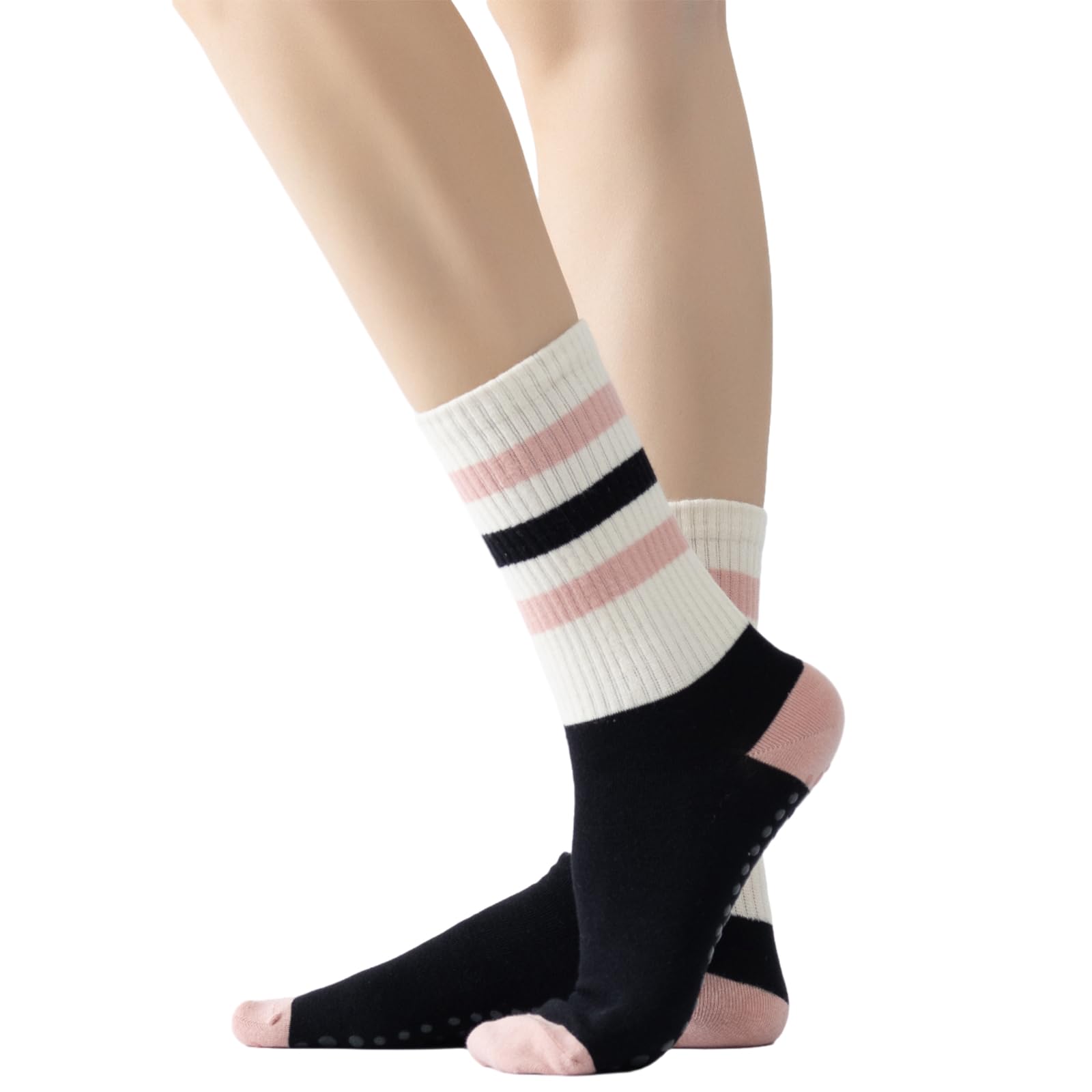 Yoga Pilates Socks with Grips for Women Non Slip Striped Cushioned Crew Socks for Barre Ballet Dance