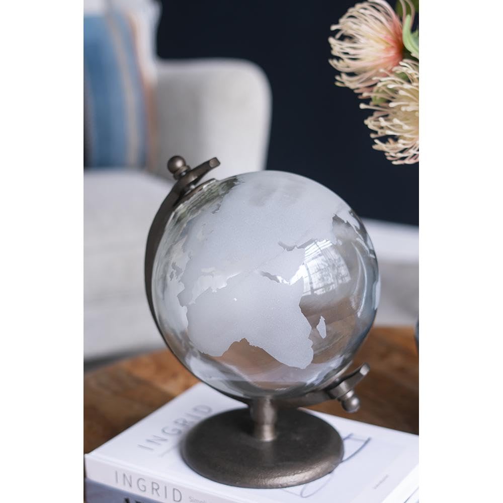 ORYNTIDE Minimalist World Globe - Clear Glass with Etched Continents on Black Metal Base, Modern Home Decor for Living Room, Office, or Desk Display, Elegant Travel Gift for Globetrotters - D8 x 11.5