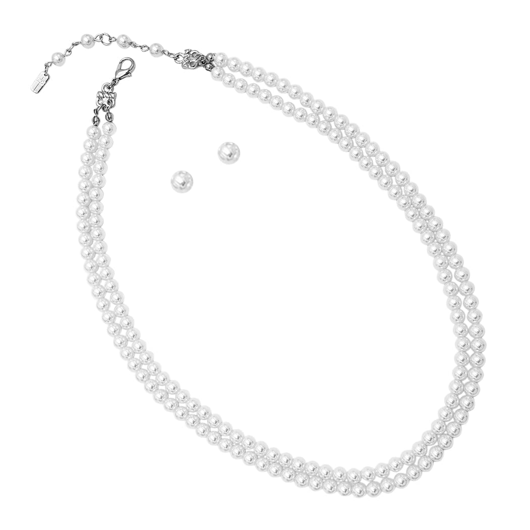 Rosemarie CollectionsWomen's Double Strand Classic Simulated Pearl Necklace and Earring Jewelry Set, 20"+ 2.5" Extender