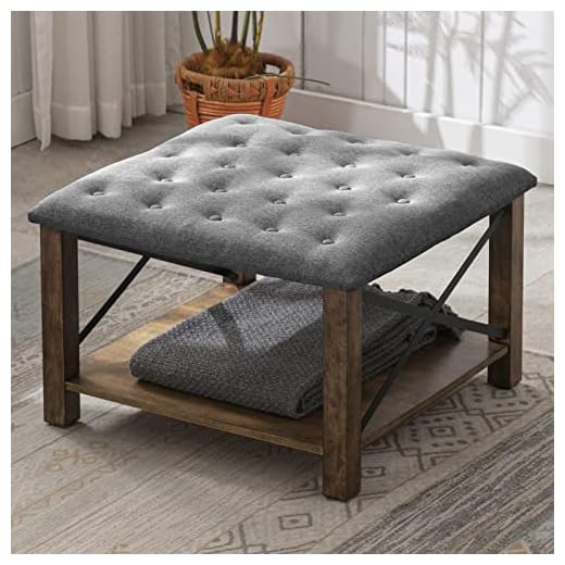 Mjkone Upholstered Square Ottoman Coffee Table, Tufted Linen Cocktail Table with Solid Wood,Large Storage Ottoman with Storage Shelf for Living Room/Bedroom/Apartment/Loft (Dark Gray)