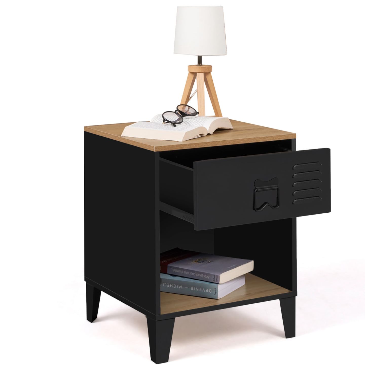 IDMarket - Lot de 2 Tables de Chevet Ester Bois et métal Noir