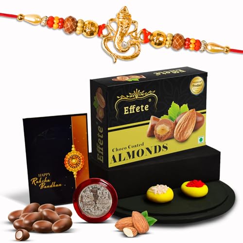 Image of DeoDap Multicolor Idol Ganesh Rakhi Combo with Chocolate Almonds 32gm, Silver Color Pooja Coin, Roli Chawal & Greeting Card, Raksha Bandhan Occasion with Gift Combo for Brother (K1 522 CA32)