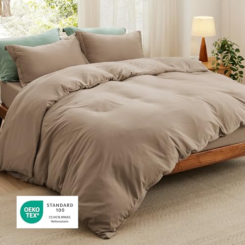 Image of Bedsure Duvet Cover Queen Size with Fitted Sheet - 4 Pieces Prewashed Cotton-Like Polyester Extra Soft Bedding Set, Includes 1 Duvet Cover 90x90 Inches, 2 Pillow Shams, 1 Fitted Sheet, Light Brown