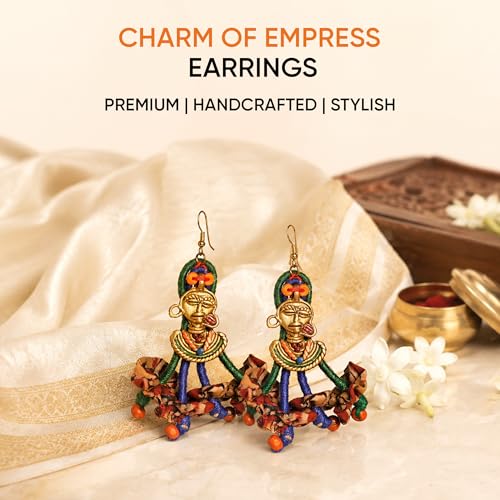 Image of Royal Queen & Empress Handcrafted Tribal Dhokra Earrings Collection for Women - Wooden, Fabric & Round Statement Ethnic Designs in Multiple Colours