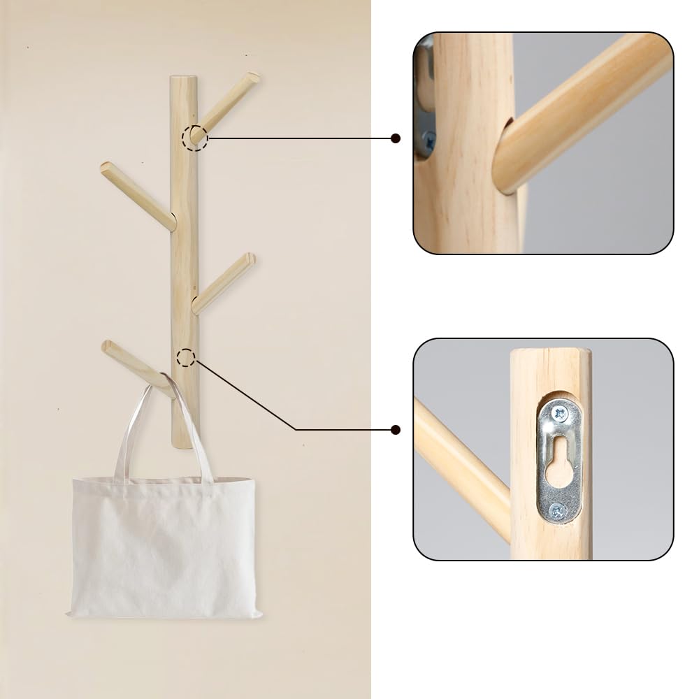 2 Pezzi Appendiabiti aAlbero da Muro Appendiabiti da Parete in Legno di Pino 40cm Attaccapanni da Muro a Forma di Ramo con 8 Ganci per Cappotti, Cappelli, Ingresso, Ufficio