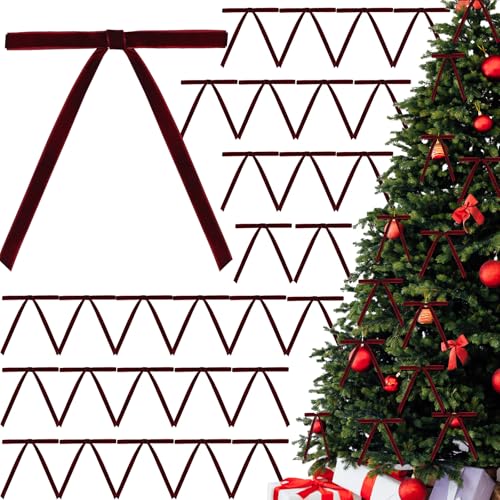 30 Pcs Christmas Velvet Wreath Bows, 5 x 7 Inch Vintage Velvet Ribbon Rustic Crafts Gift Bows for Indoor Outdoor Wreaths Garland Holiday Xmas Tree Wrapping Crafts (Burgundy Red, Width of 3/8