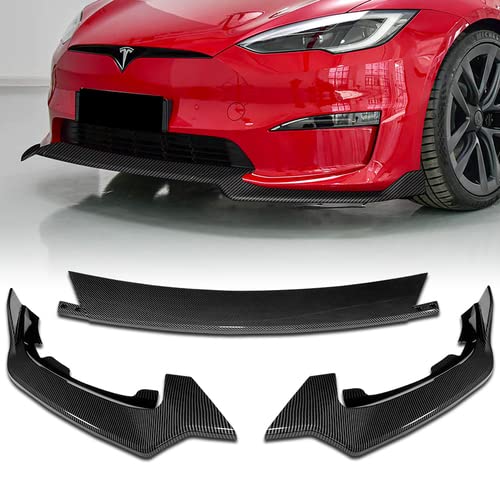 HK5 3 Pieces ABS STP-Style Front Bumper Lip Spoiler Splitter Side Body Kit Trim Protection Compatible with 2021-2025 Tesla Model S, 2022 2023 2024 (Painted Carbon Style)