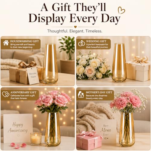 Image of Amber Glass Flower Vase for Home Decor, 22 cm Decorative Vase for Fresh & Artificial Flowers, Pampas Grass, Modern Nordic Centerpiece for Living Room, Dining Table & Office