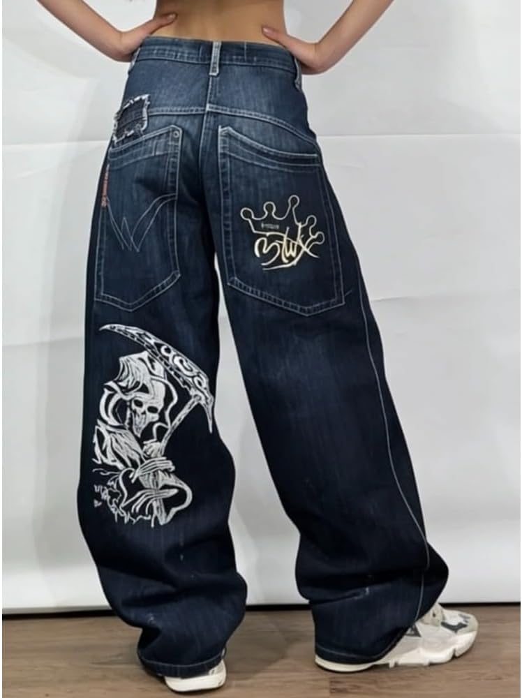 OATSBAS Unisex Y2K Hip-Hop Gothic Jeans Casual Baggy Oversize Streetwear Gragon Print Letter Graphic Retro Denim Pants
