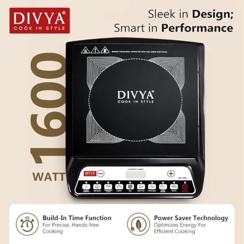 Image of DIVYA 1600 W Induction Cooktop for Home | Indian Cooking Functions | Over Heating Protection | Voltage Control Technology | Energy Efficient Induction Stove | Black