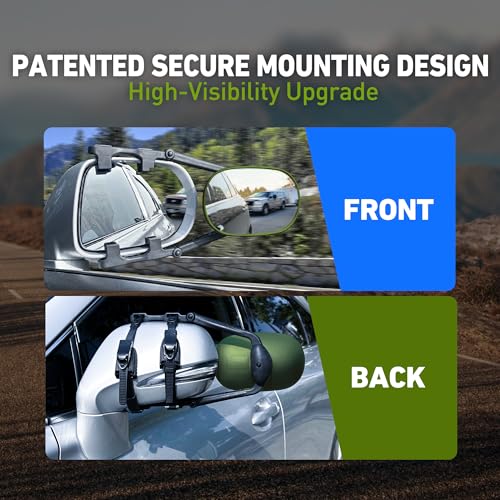 Image of MG91 Dual-Arm Towing Mirrors for Trucks, SUVs, RVs & Trailers | Military Green finish with two securing straps and a rubber strap to help reduce vibration and keep mirrors steady.