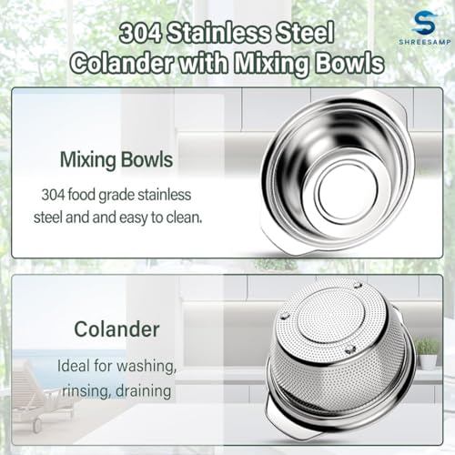 Image of Multipurpose Stainless Steel Bowl Colander Strainer Drainer With Handle For Fruits Rice, Vegetable, Noodles Grains Washing Filter Basket For Kitchen Bowl Storing And Straining Silver, Medium