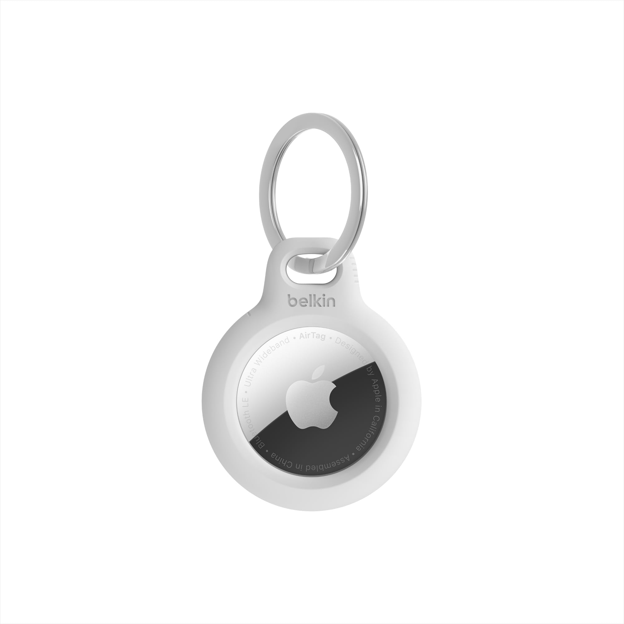 Belkin Apple AirTag Secure Holder with Key Ring - Durable, Scratch-Resistant Case with Open Face & Raised Edges - Protective AirTag Keychain Holder Accessory for Keys, Pets, Luggage, & More - White