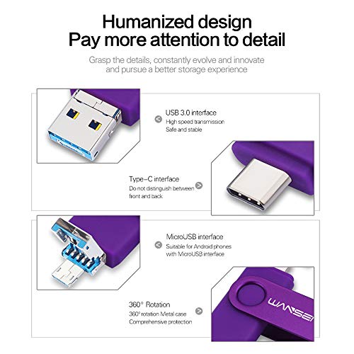 Wansenda 3 In 1 64Gb Usb 3.0 Flash Drive For Android Phones/Tablets/Pc/Mac, External Data Storage Thumb Drive, Photo Memory Stick For Samsung Galaxy, Lg, Google Pixel/Pixel Xl, Moto Etc. (Purple) #TOP1