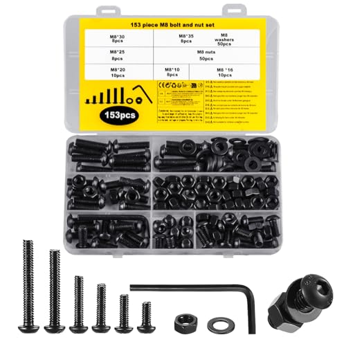 153 Pcs M8 Screws Set M8 Button Head Bolts Set Nuts and Bolts Assortment Kit Black Hex Socket Button Head Screws with Hex Wrench