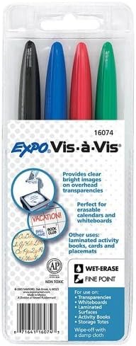 EXPO : Vis--Vis Wet-Erase Overhead Projection Marker, Fine Point, Asstd., 4 per Set -:- Sold as 2 Packs of - 4 - / - Total of 8 Each