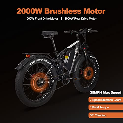 E·bycco Electric Bike For Adults 2000W Dual Motors, 26" Fat Tire Electric Bicycle 48V 23Ah Removable Battery,34Mph Full-Suspension,Hydraulic Brakes,3.5'' Lcd, 7-Speed,Snow Beach Mountain Ebike #TOP1