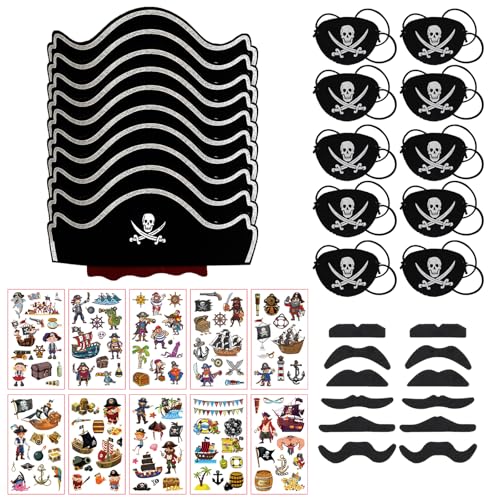 BDSHUNBF Divirta-se grande com os brinquedos de festa a granel fantasia pirata perfeita, chapéus e remendos de pirata, 10 chapéus de pirata, 10 remendos de olhos de feltro pirata tatuagens piratas