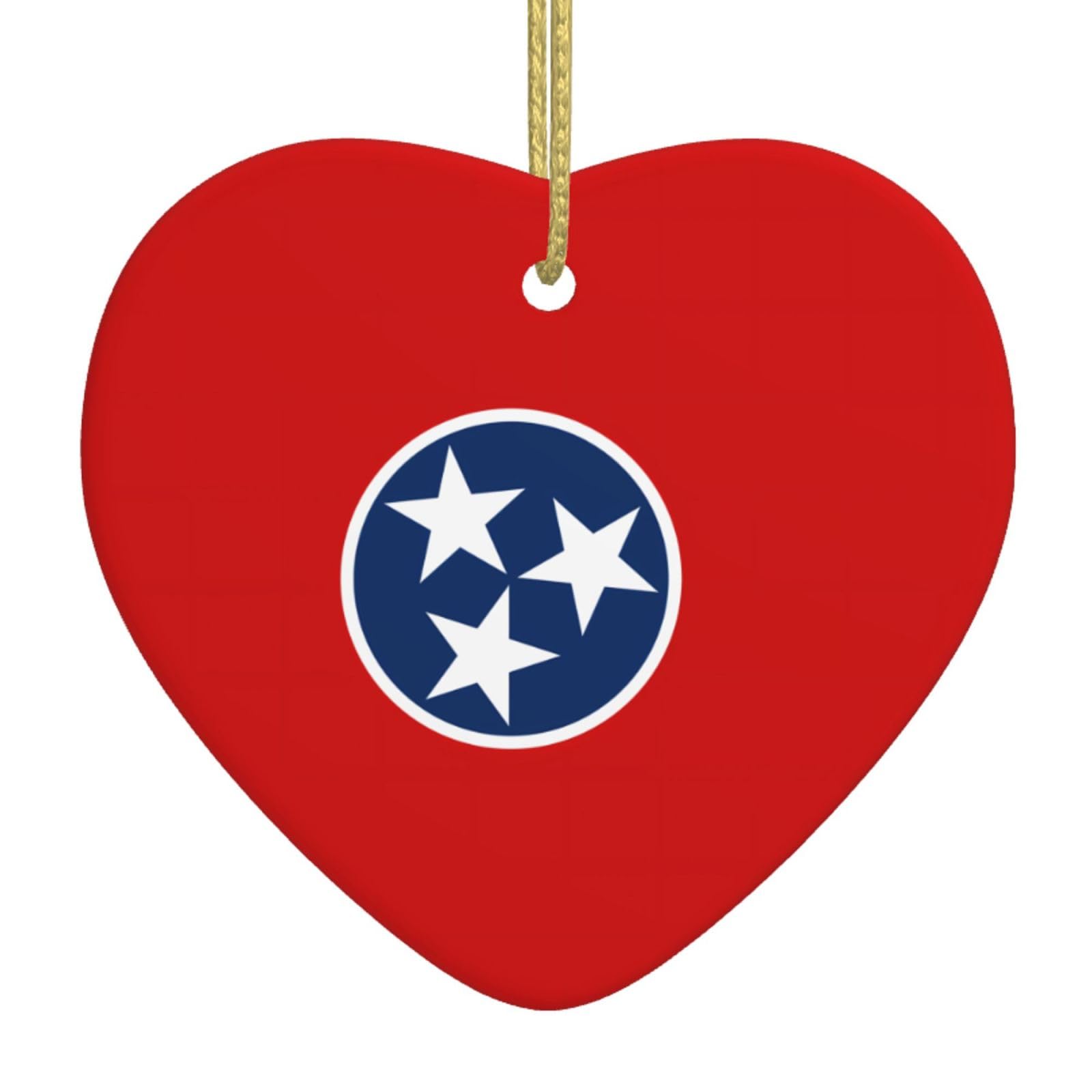 Tennessee State Flag Ceramic Christmas Heart Pendant with Silk Thread, Christmas Tree Home Decoration