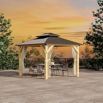 Klysiora 10' x 12' Patio Gazebo Wooden Gazebo with Solid Spruce Frame and Aluminum Double Roof Suitable for Gardens, Patios, Lawns, and Parties Curtains and Netting Included!