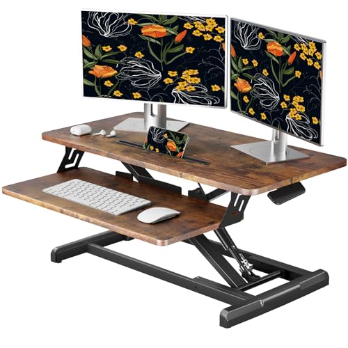 JOY worker Standing Desk Converter, 32' Wide Height Adjustable Sit Stand Up Desk Riser with Keyboard Tray, Desktop Workstation Riser for Home Office Computer Laptop, Particle Board, Rustic