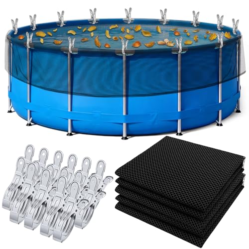 Pool Leaf Net Cover for Above Ground Pools, Round Pool Mesh Covers with 16 Pcs Large Metal Clips,