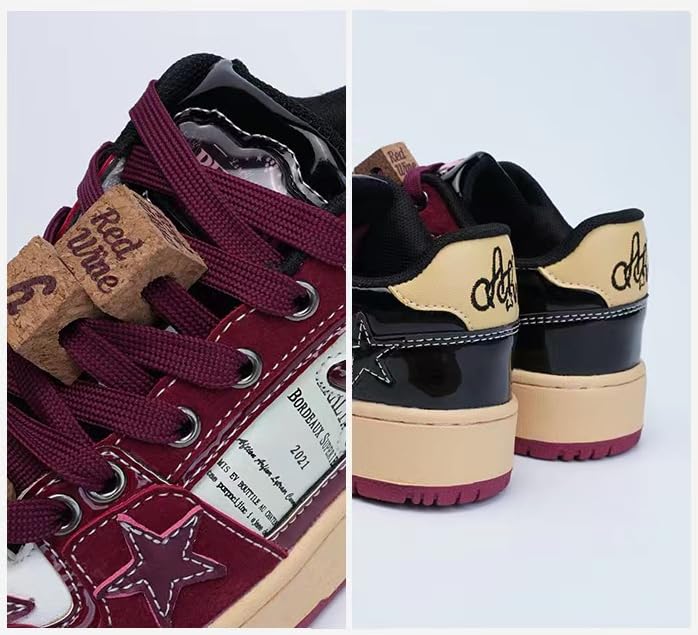 Low-Top Star Sneakers with Cute Charms - Wine Red Retro Chunky Platform Shoes Women & Girls, Comfy Y2K Kawaii Streetwear for Beach Travel, Festivals & Birthday Gifts3