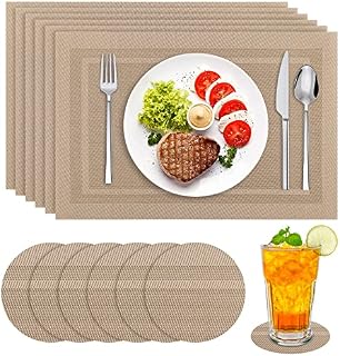WENYA Placemats and Coaster Sets of 6, PVC Non-slip Woven Table Mats and Coasters, Reusable Stain-resistant Washable Dinner Mats for Kitchen and Dining RoomKhaki