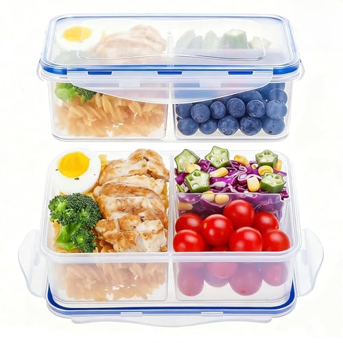 EASYLOCK 2 Pack 1150ML Microwavable Bento Lunch Box with 3 Compartments Plastic Food Storage Containers with Lids Meal Prep Containers Reusable