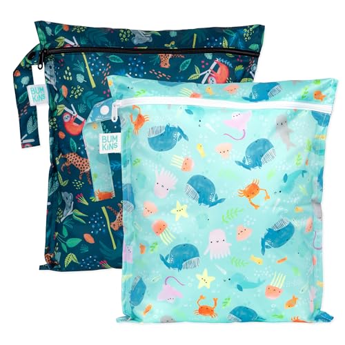 Bumkins - Waterproof Wet Bag - For Baby, Travel, Swim Suit, Cloth Diapers, Pump Parts, Pool, Gym, Toiletry, Strap to Stroller - Reusable & Easy to Clean - 2pk - Ocean & Jungle