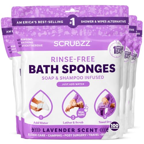 Image of Scrubzz Disposable No Rinse Bathing Wipes - All-in-1 Single Use Shower Wipes, Simply Dampen, Lather, and Dry Without Shampoo or Rinsing (Lavender, 4-Pack)