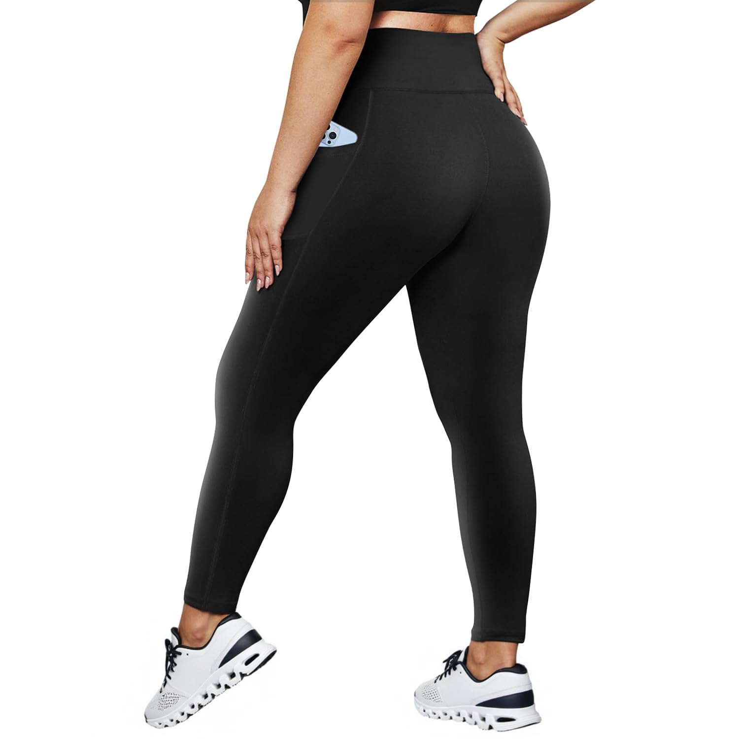 HLTPRO Plus Size Leggings with Pockets for Women - Black Yoga High Waist Tummy Control Pants for Workout