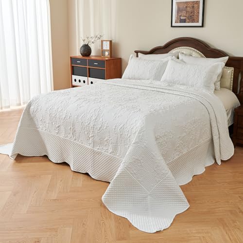 Image of EVENHUG Oversized King Bedspreads California King Quilt Set with Pillow Shams Extra Wide Large King Size Quilts Lightweight Coverlet Bedding Sets White 120 inchx128 inch