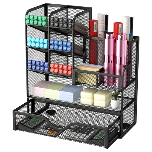 Comzantor Organizador de Escritorio de Malla Metálica, Desk Organizer con Cajón, Multifuncional Material Escritorio, Organizadores Mesa Escritorio Ahorro de Espacio, para Oficina, Casa, Escuela(Negro)