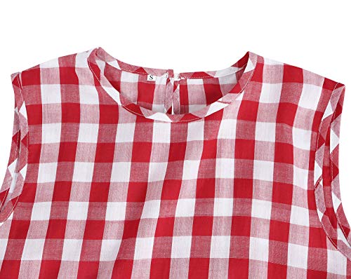 Jurebecia Vestido casual feminino de verão sem mangas xadrez com bolsos,Vermelho-L