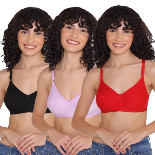 Image of INKURV Cotton Hosiery Bra for Women's Daily use, Full Coverage Bra for Regular wear, Non Padded, Non Wired Everyday Bra with Rich Cotton-Zoe Combo of 3