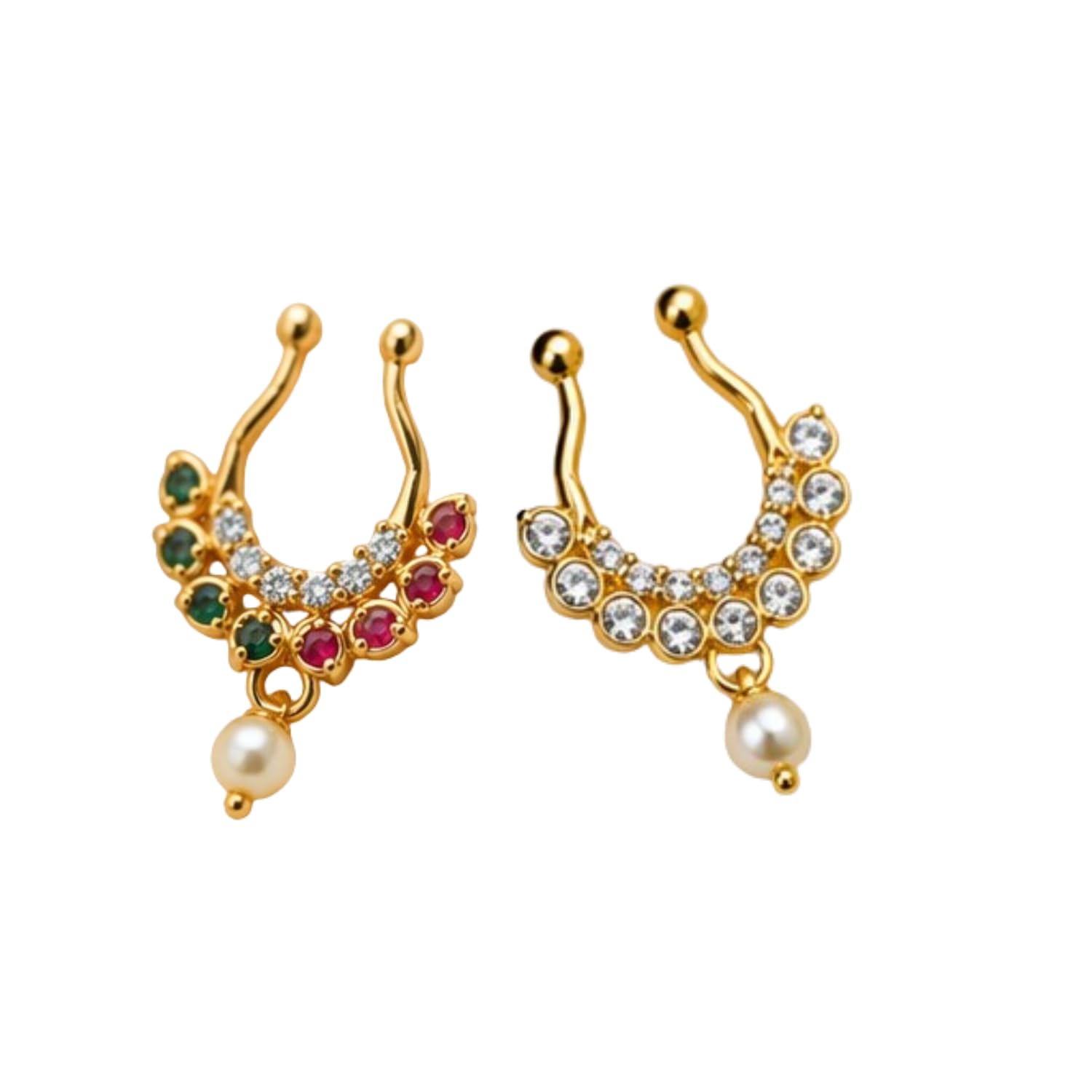 COMBO OF 2 PCS Traditional Clip On Septum Nose Ring for Women | Non Pierced Adjustable Bullaku Nath | Red Green Kemp Stone with Cubic Zirconia & Pearl Drop | South Indian Temple Bridal Nose Jewellery for Wedding Festival