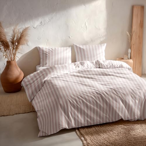 Juego Funda nórdica Cama 150/160 100% algodón - 2 Fundas Almohada 50x85 cm, Estampado Rayas Color Rosa