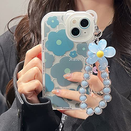Nititop Compatible With Iphone 13 Case Clear Floral Bear Camera Lens Case With Lovely Flower Bracelet Chain For Women Girls, Soft Tpu Shockproof Protective Cover For Iphone 13-Blue #TOP4