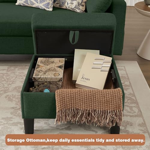 Image of 101 inch Sectional Sofa U Shaped Couch with Storage Ottomans, 4 Seater Convertible Couches for Living Room | Linen Fabric | 2 Movable Ottoman Reversible Chaises | Sectional Couch Set, Green