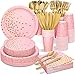 Pink and Gold Party Supplies - 350PCS Disposable Paper Plates Dinnerware Set - Pink Dinner/Dessert Plates Napkins Cups, Gold Plastic Forks Knives Spoons for Birthday Baby Shower Christmas New Year