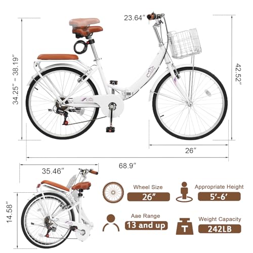 24/26 Inch Foldable Bike Folding Bicycle, 7 Speed Beach Cruiser Bike with Lock, Comfort Back Seat, Foldable Basket & Ergonomic Upright Frame, Cruiser Bicycle for Adults - Image 3