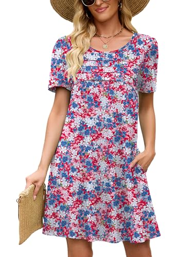 Image of Heymoments Women's Short Sleeve Crewneck Sundress Summer Casual A-Line Beach Dress with Pockets S-2XL