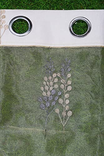 Image of (5 ft Tissue Embroidered Curtain | Leaf Design Eyelet Window Curtain | Vintage Classical Floral Print | for Home | Beige & Grey (Pack of 2) | 152 L x 121 W Centimeters