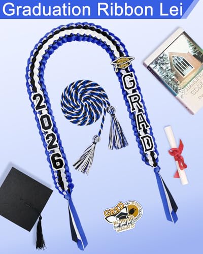 Image of Yigney Graduation Lei Set Class of 2026 Grad Ribbon Leis with Honor Cord Double Braided Graduate Leis for Men Women Blue Black White