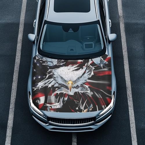 Image of American Flag Bald Eagle Print Car Hood Cover, Stretchable Waterproof Protector for Auto, Auto Hood Wraps Blankets, Car Patriotic Decorations for Most SUVs Trucks Minivans