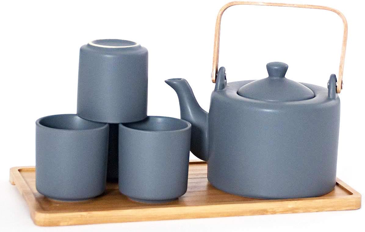 Happy Sales HSTS-KYTGRY, Ceramic Teapot with Stainless Steel Infuser and Wooden Handle 28 fl ounce and Four Tea Cups with Bamboo Serving Tray Tea Set, Gray