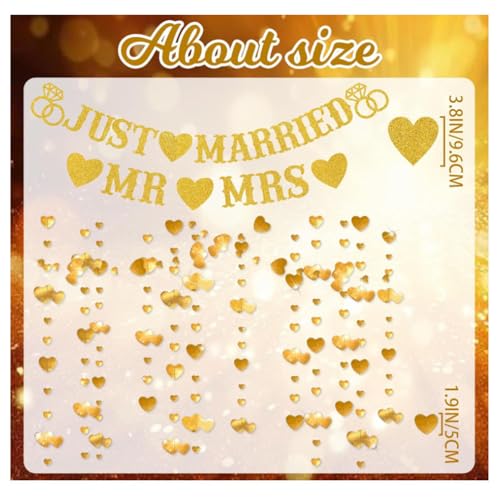 Image of Just Married Party Decorations, Gold Glitter Just Married Mr & Mrs Banner with Heart Garland for Bridal Shower Engagement Wedding Party Decorations Supplies