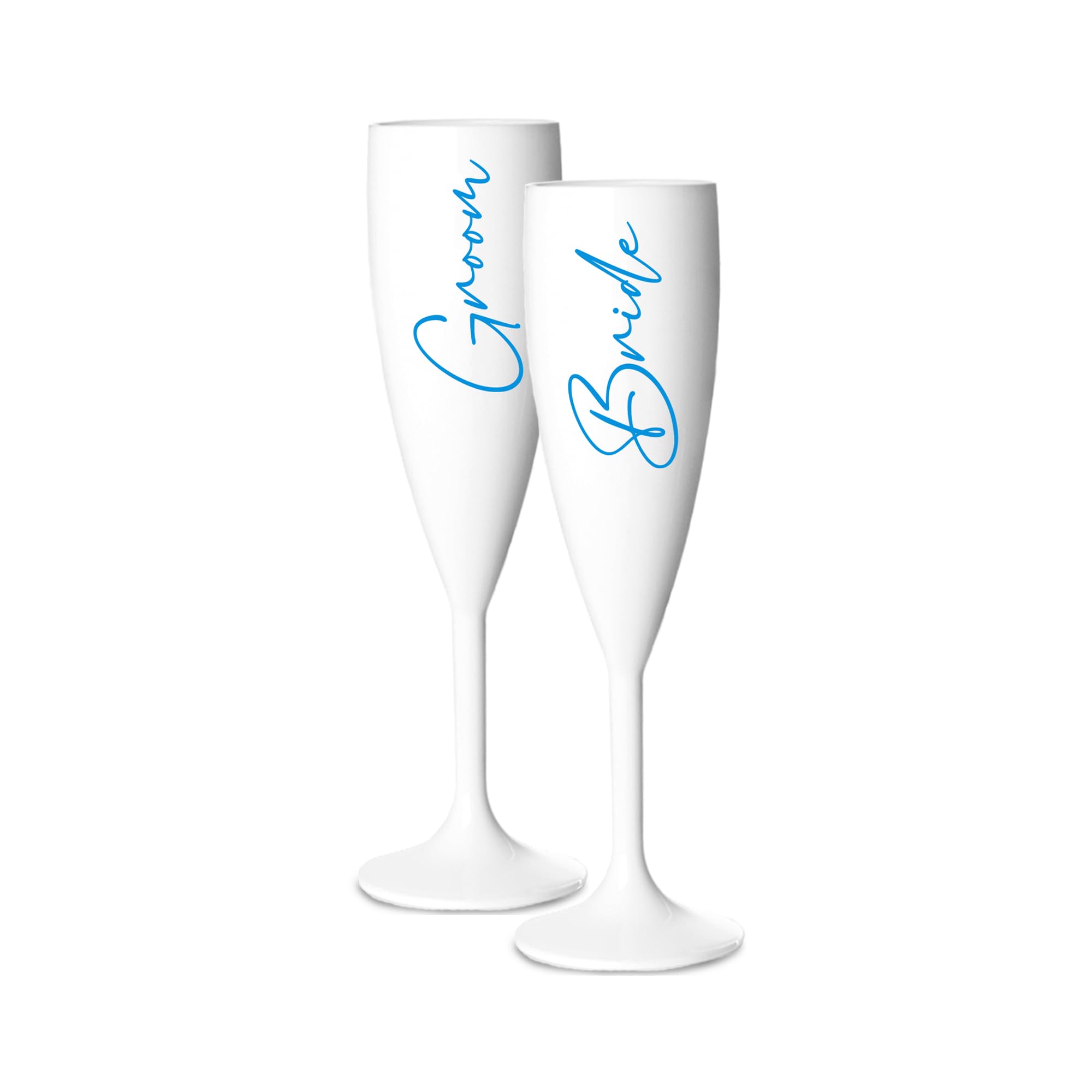 Print Maniacs Champagne Premium White Flute Glass Bride Groom Mr Mrs Wedding Maid Honour Wine Cocktail Prosecco Celebrations Gift (Blue, Bride + Groom Set)