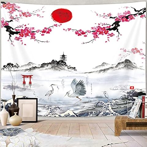 Japanese Decor Tapestry, Asian Anime Tapestry, Mount Fuji Cherry Blossoms Sakura Flower Tapestry Wall Hanging for Bedroom, Black and White Tapestry for Living Room Dorm Decor, 60X40in Small Tapestry Cover